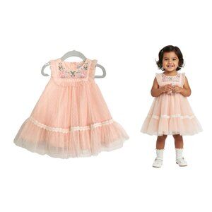 Tahari Dress Baby Girl 12 Months Peach Tulle Ruffled Bunny Embroidered Easter